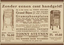 717184 Advertentie van Tonny Steynen, Muziekhandel, Lange Elisabethstraat 12 te Utrecht.